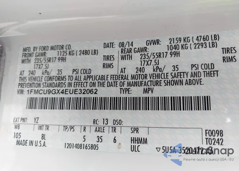 2014 Ford Escape Se from USA, damaged, VIN 1FMCU9GX4EUE32062